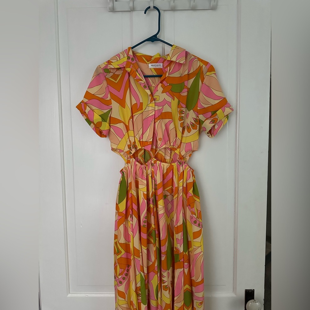 Geometric Pink and Yellow Buttoned Sleeved Maxi Sundress